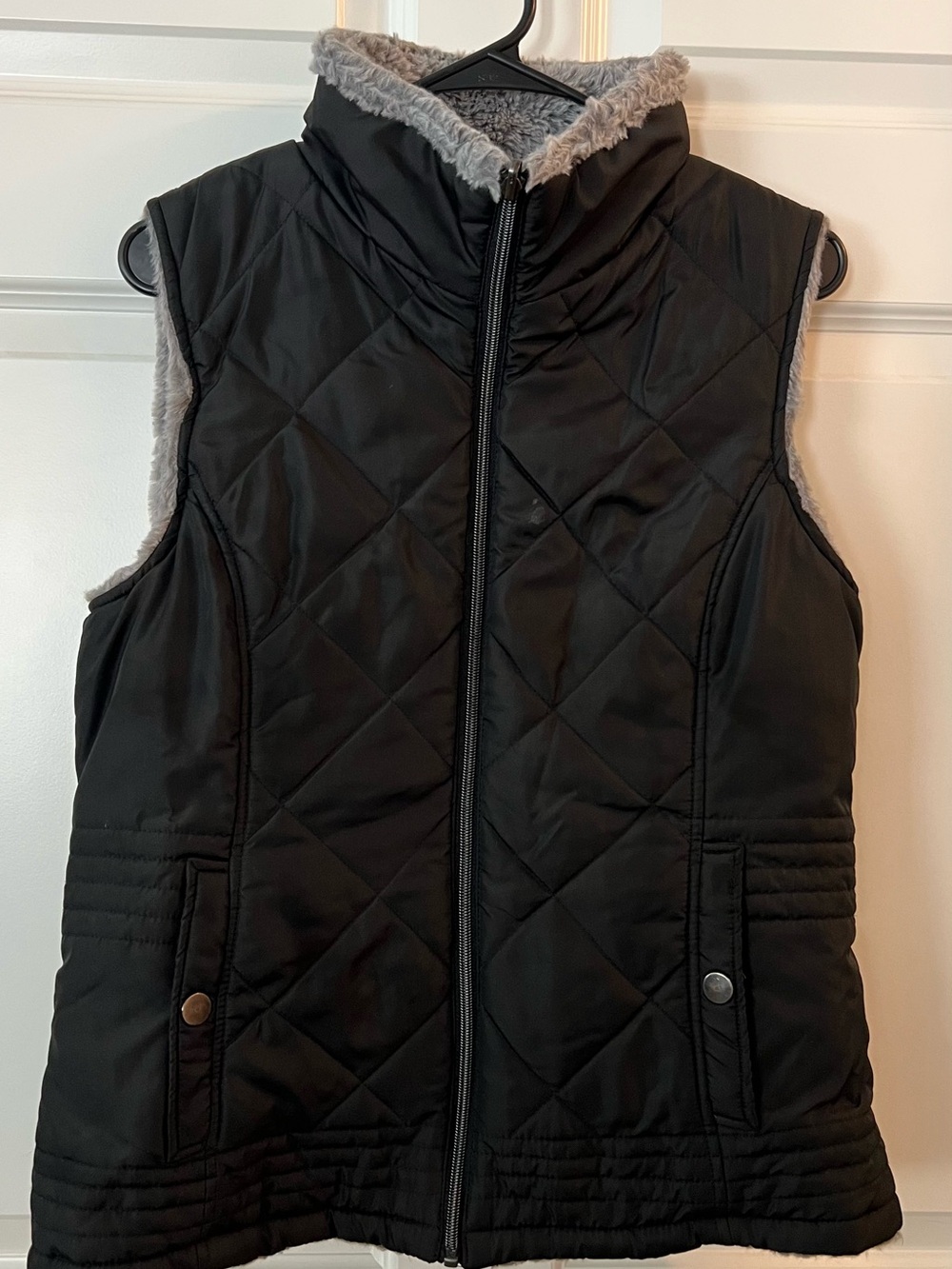 Amazon Black Quilted Vest with Gray Faux-Fur Lining